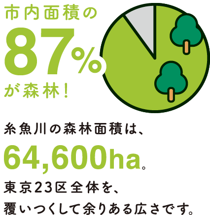 市内面積の87%が森林！糸魚川の森林面積は64,600ha。東京23区全体を、覆い尽くして余りある広さです。